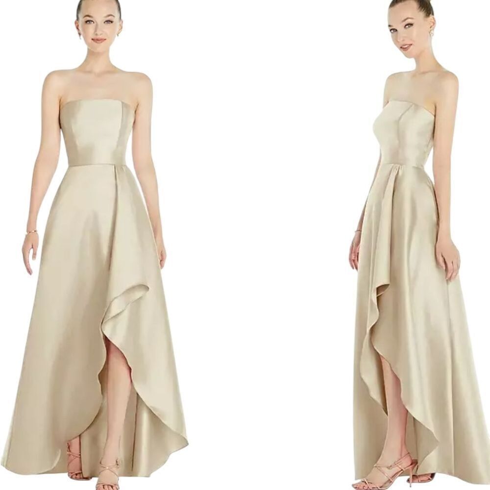 Alfred Sung Strapless Satin Gown Draped Front Slit Pockets Champagne 6